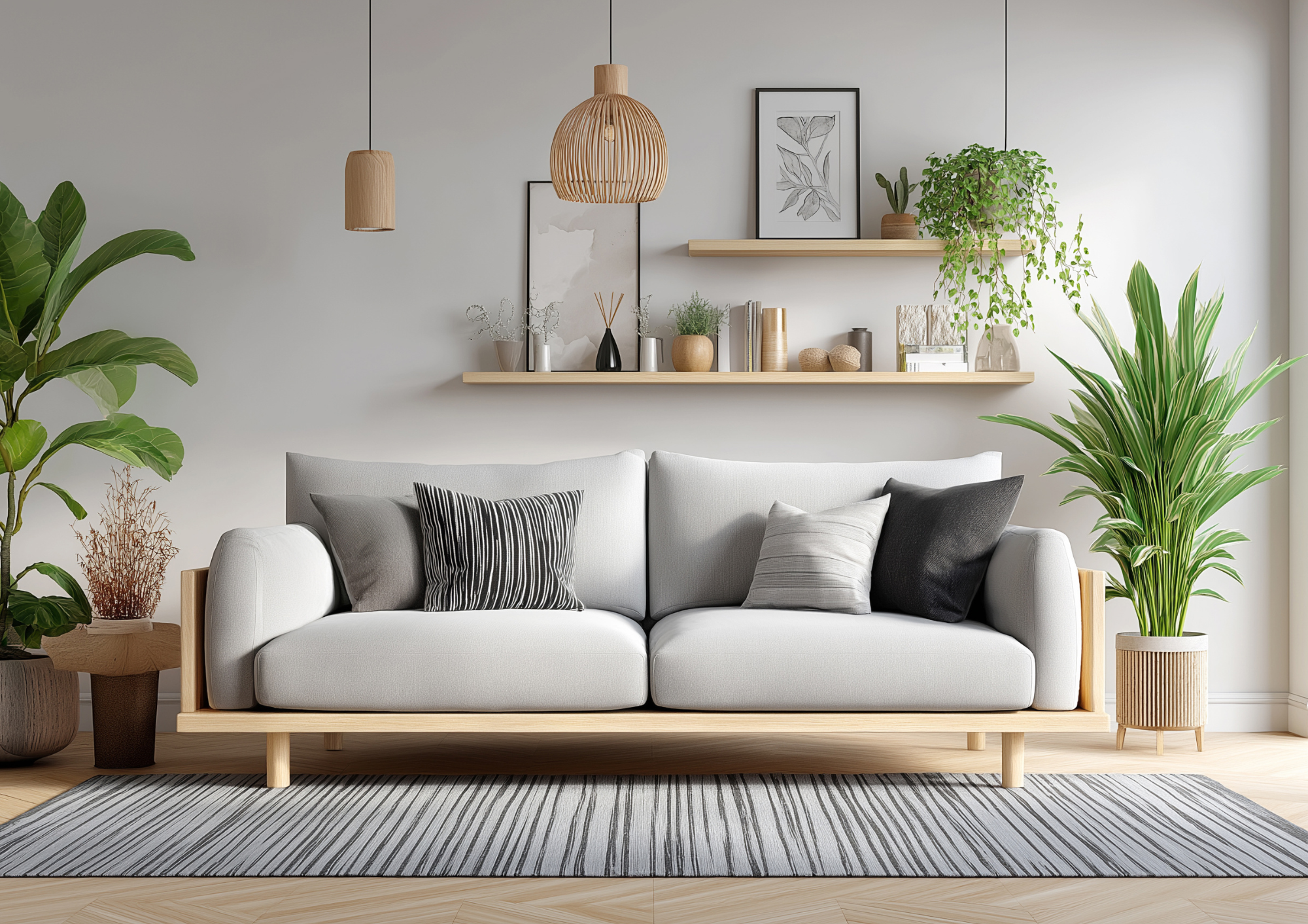 Sofa im Wohnzimmer in heller Einrichtung